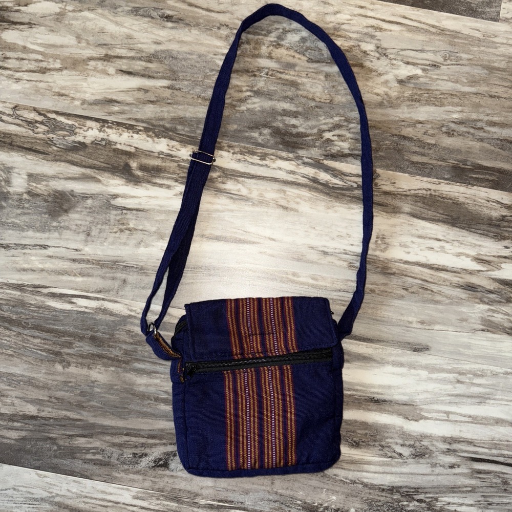 Small Crossbody Purse Bag Fabric Travel Dark Blue Striped 8X8 Adjustable Strap